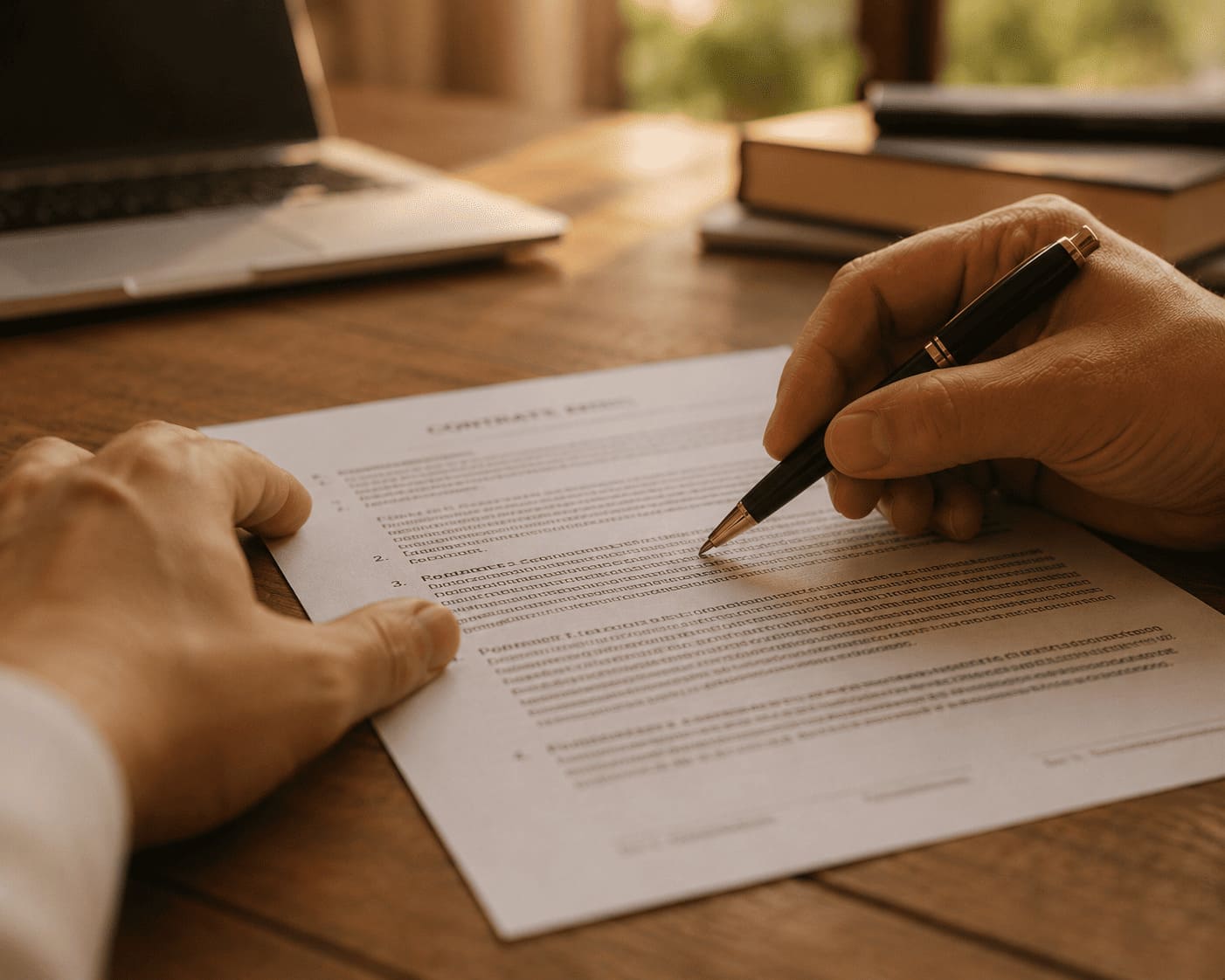 Manos revisando un contrato impreso en un escritorio de madera, subrayando una cláusula con un bolígrafo
