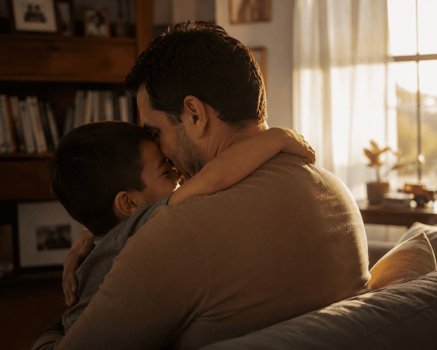Padre abrazando con ternura a su hijo en la sala de su hogar