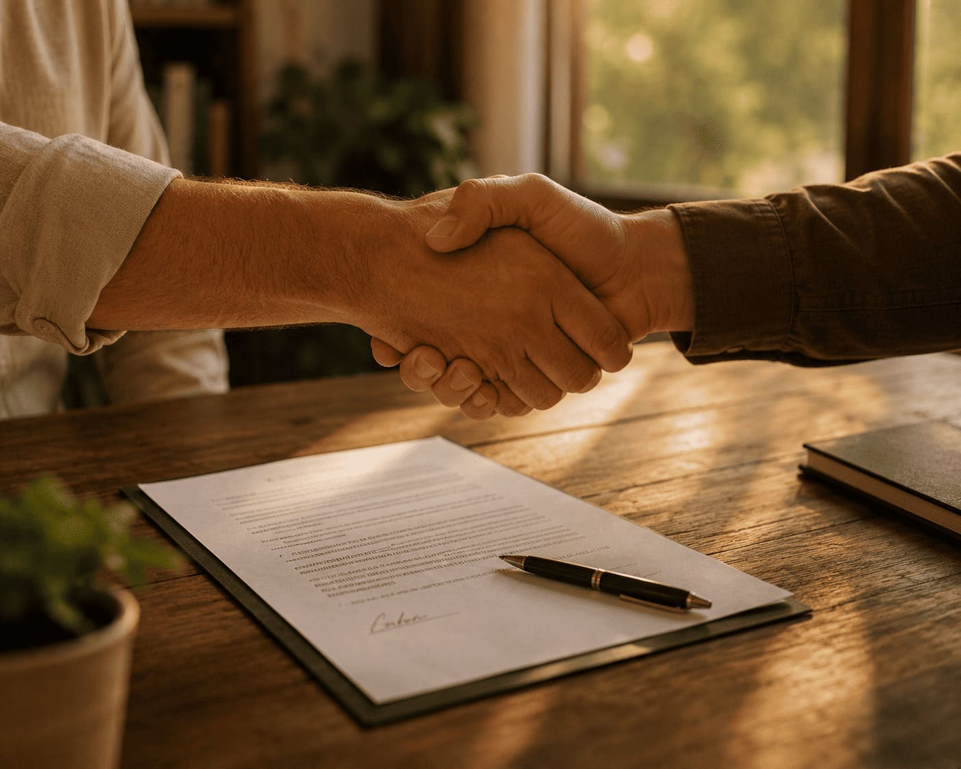 Dos personas dándose la mano sobre un documento firmado en una mesa de madera