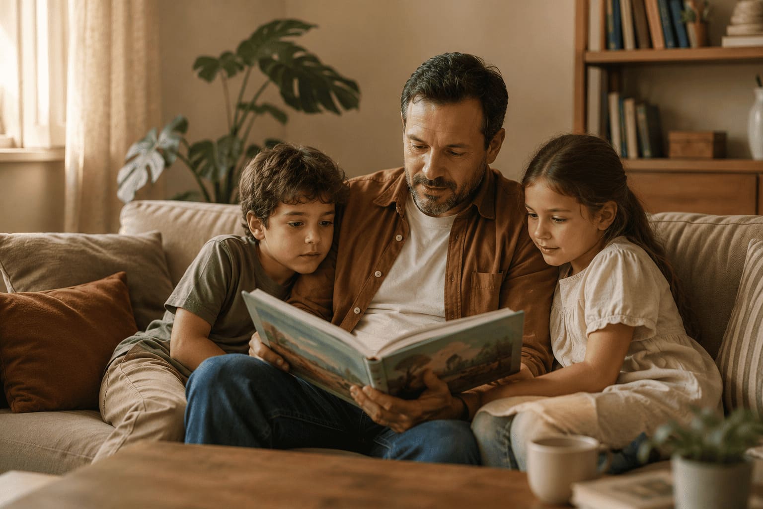 Padre leyendo un cuento con sus hijos en casa