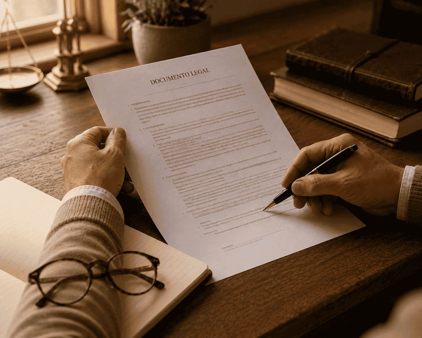 Manos revisando un documento legal en un escritorio de madera