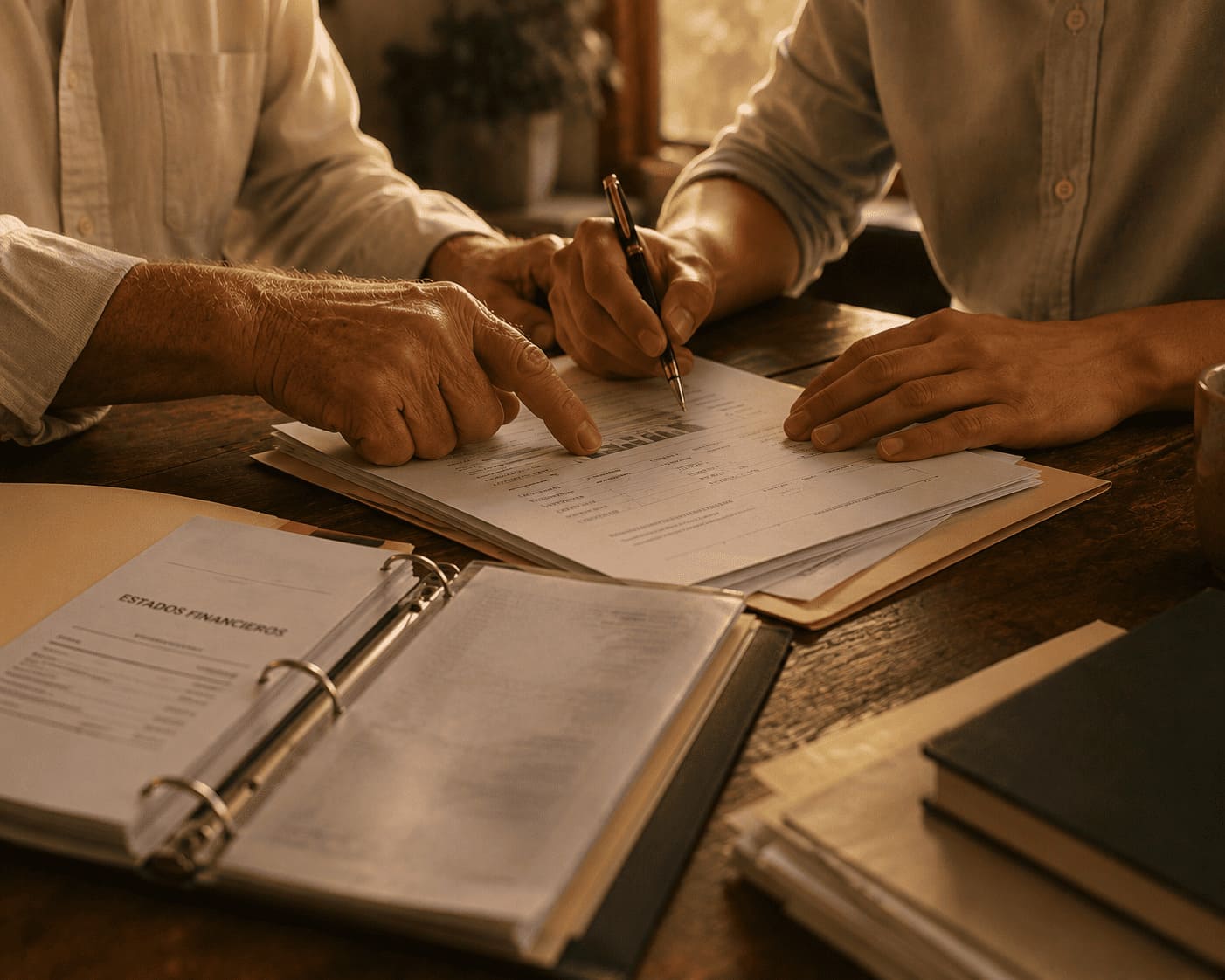 Manos de dos generaciones revisando documentos financieros y contables en una mesa de madera