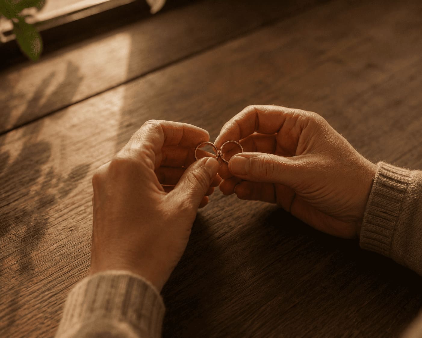 Manos sosteniendo dos anillos de matrimonio sobre una mesa de madera