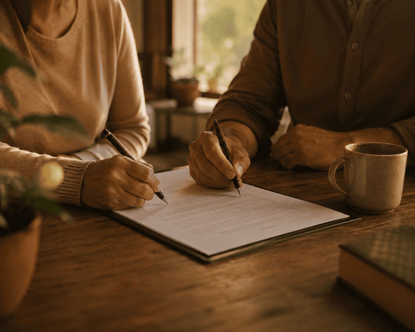 Pareja firmando un documento de pactos capitulares en una mesa de madera con luz natural