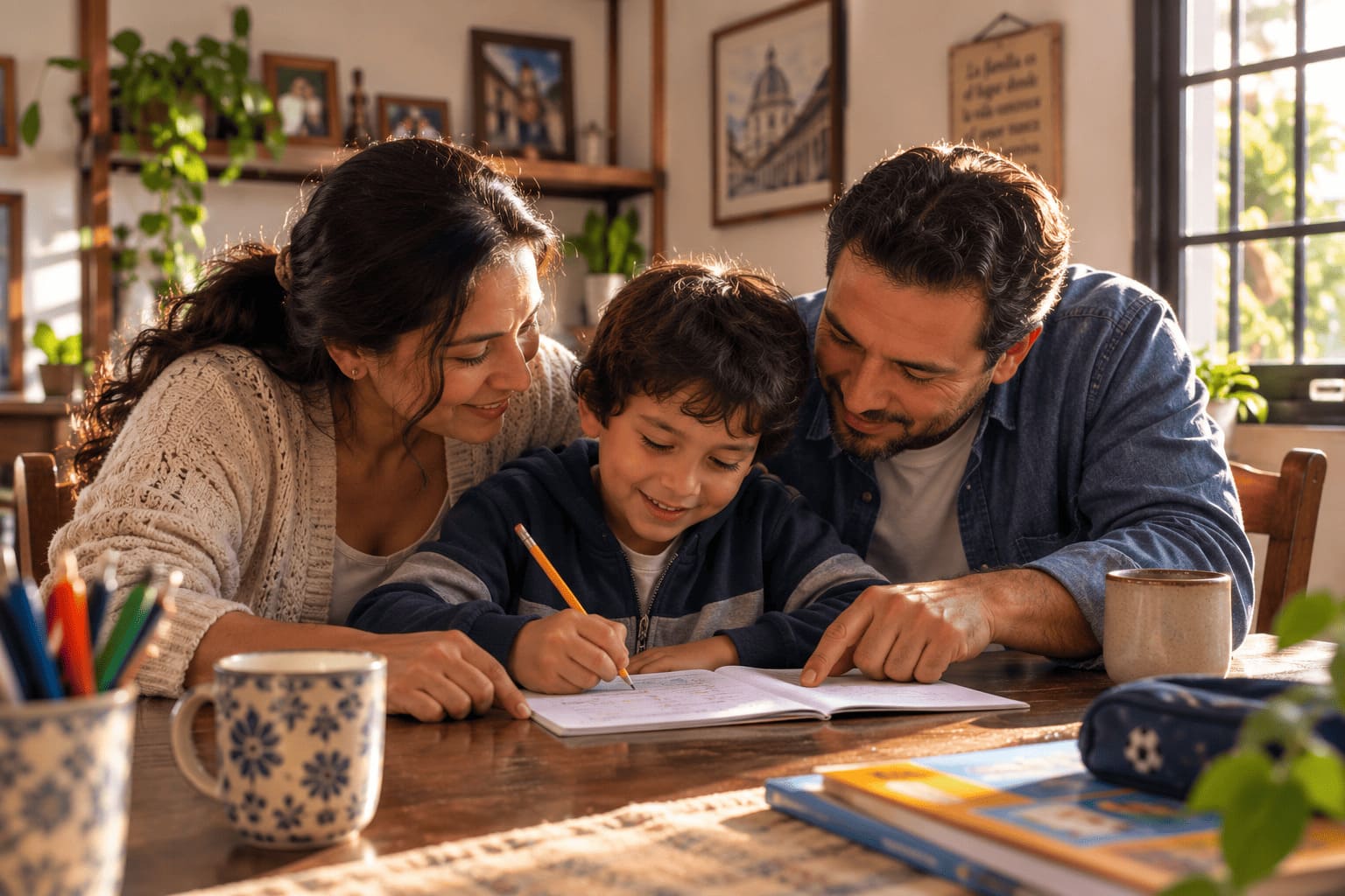 Padre y madre ayudando a su hijo con las tareas escolares en casa
