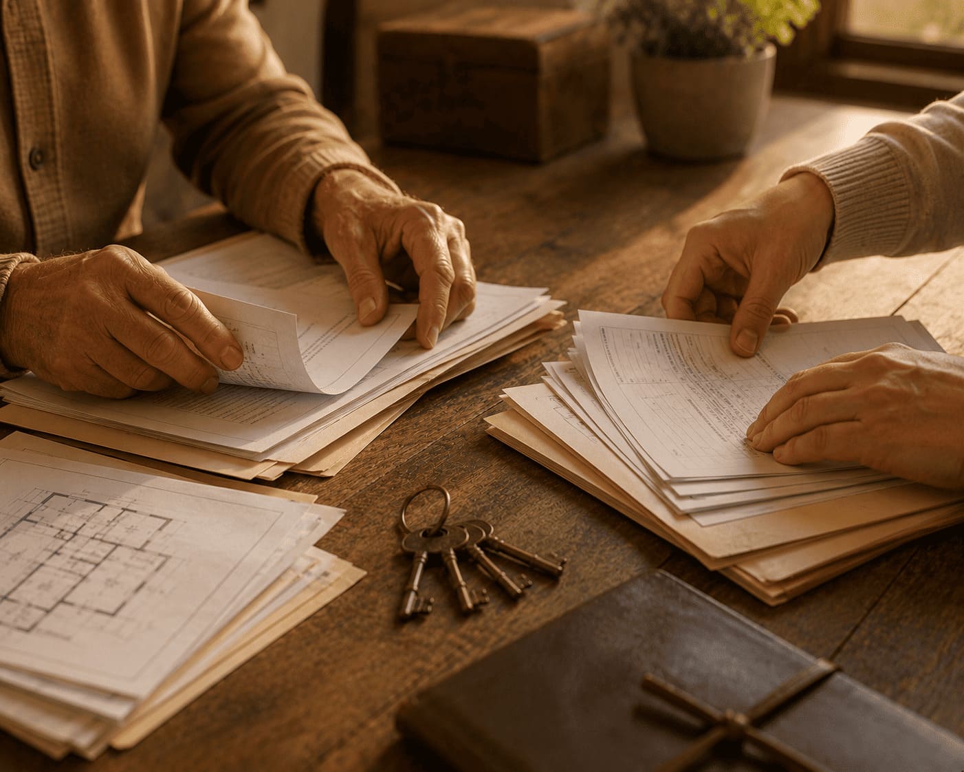 Dos personas revisando documentos y un juego de llaves antiguas sobre una mesa de madera