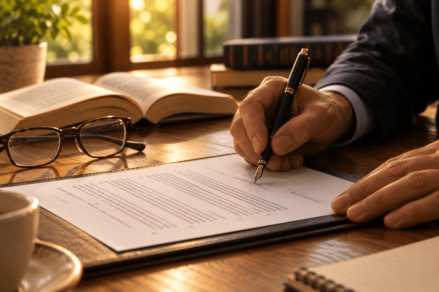 Manos firmando un testamento con pluma estilográfica en un escritorio de madera