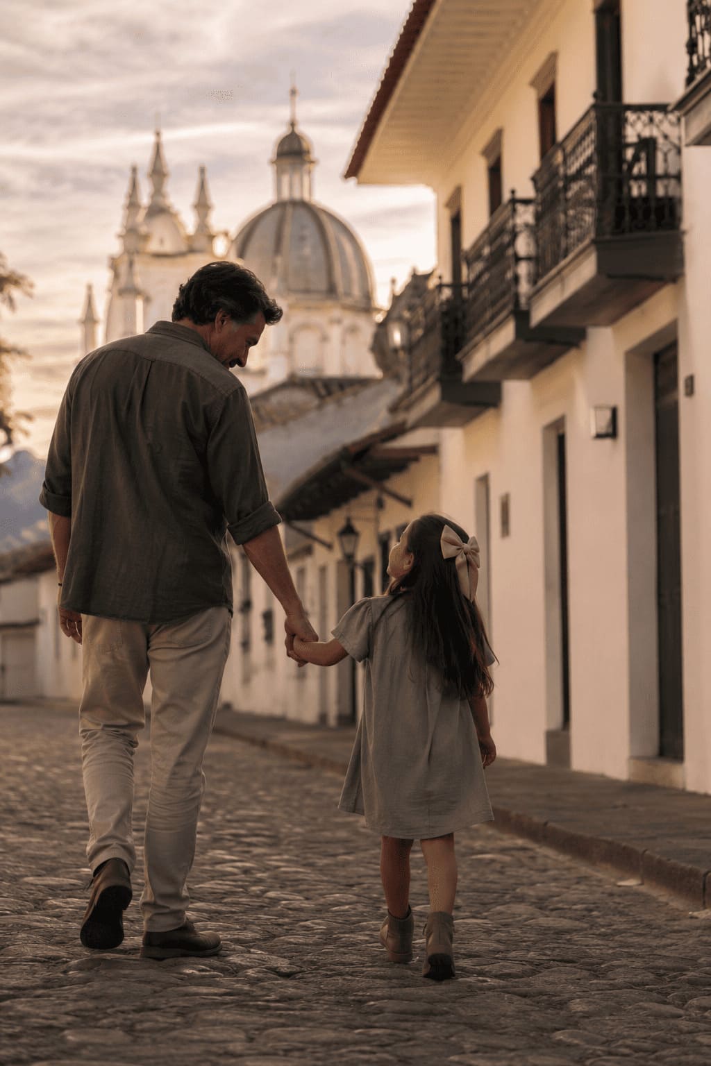 Padre caminando de la mano con su hija por el centro histórico de Popayán