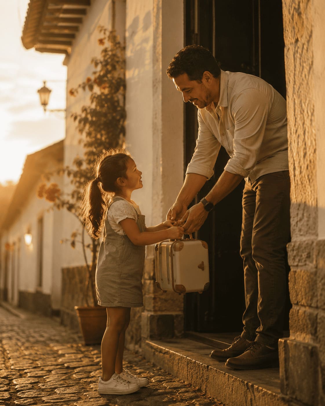 Padre entregando una maleta a su hija en la puerta de una casa colonial, despidiéndose con cariño