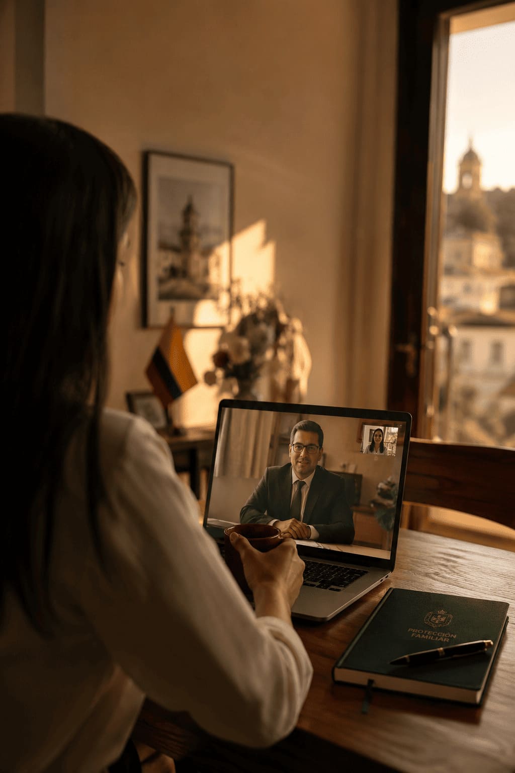 Persona colombiana en videollamada con su abogado de familia en Colombia desde el exterior